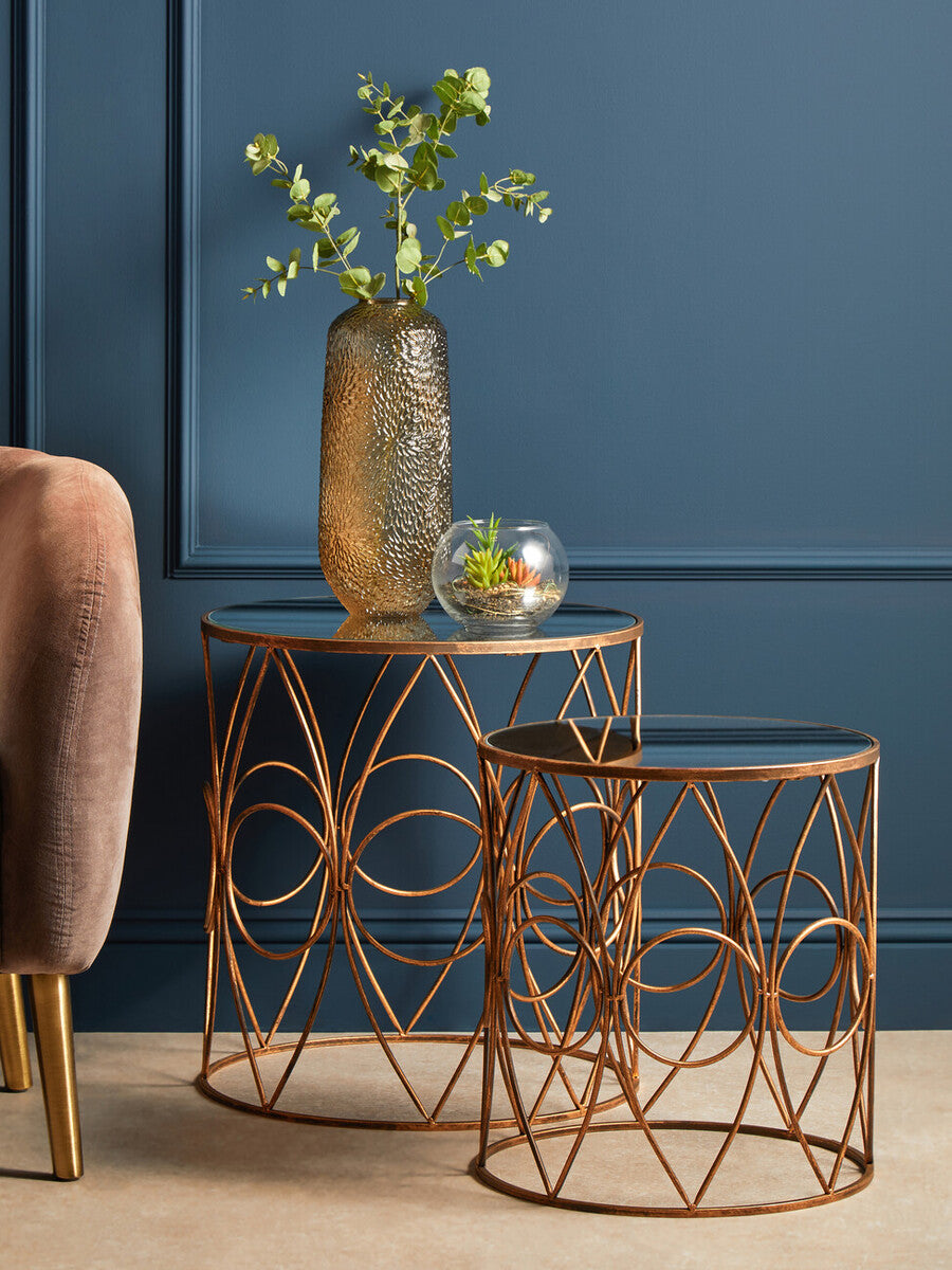 Set of 2 Antique Finish Frame Side Tables with Round Mirrored Top | Avantis