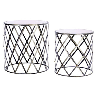 Set of 2 Diamond Design Silver Frame Side Tables with Round Mirrored Top | Avantis