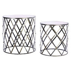 Set of 2 Diamond Design Silver Frame Side Tables with Round Mirrored Top | Avantis