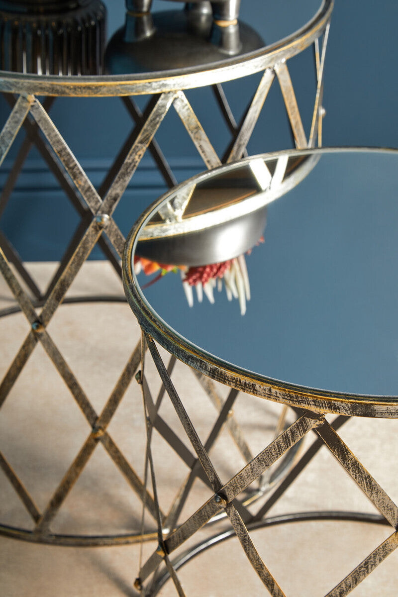 Set of 2 Diamond Design Silver Frame Side Tables with Round Mirrored Top | Avantis