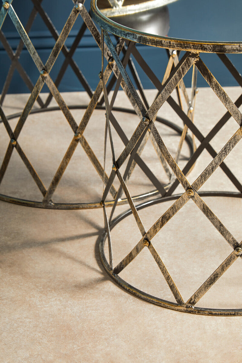 Set of 2 Diamond Design Silver Frame Side Tables with Round Mirrored Top | Avantis