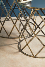 Set of 2 Diamond Design Silver Frame Side Tables with Round Mirrored Top | Avantis