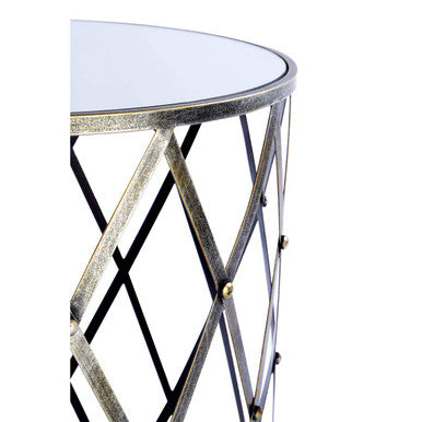 Set of 2 Diamond Design Silver Frame Side Tables with Round Mirrored Top | Avantis
