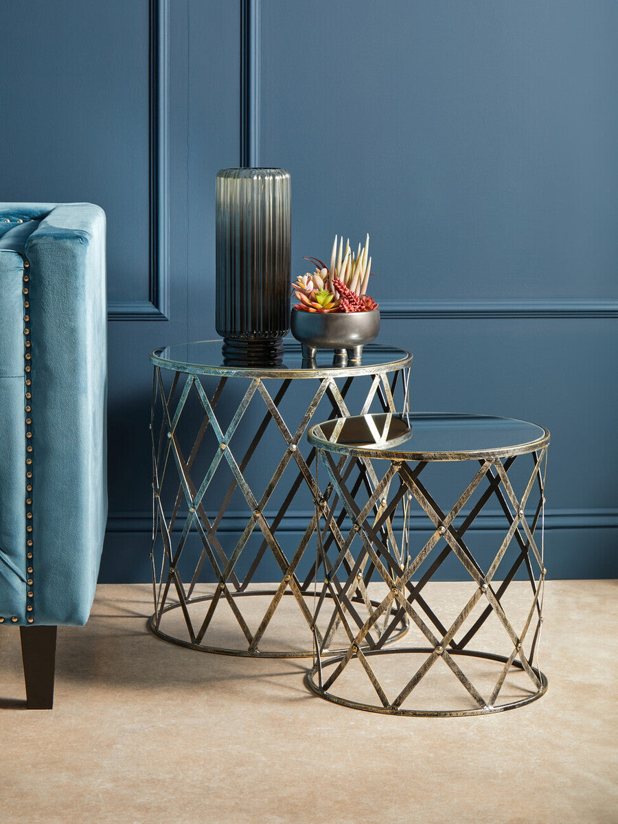 Set of 2 Diamond Design Silver Frame Side Tables with Round Mirrored Top | Avantis