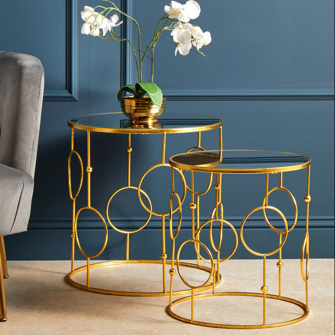 Set of 2 Gold Metal Tables with Mirrored Glass Top | Avantis