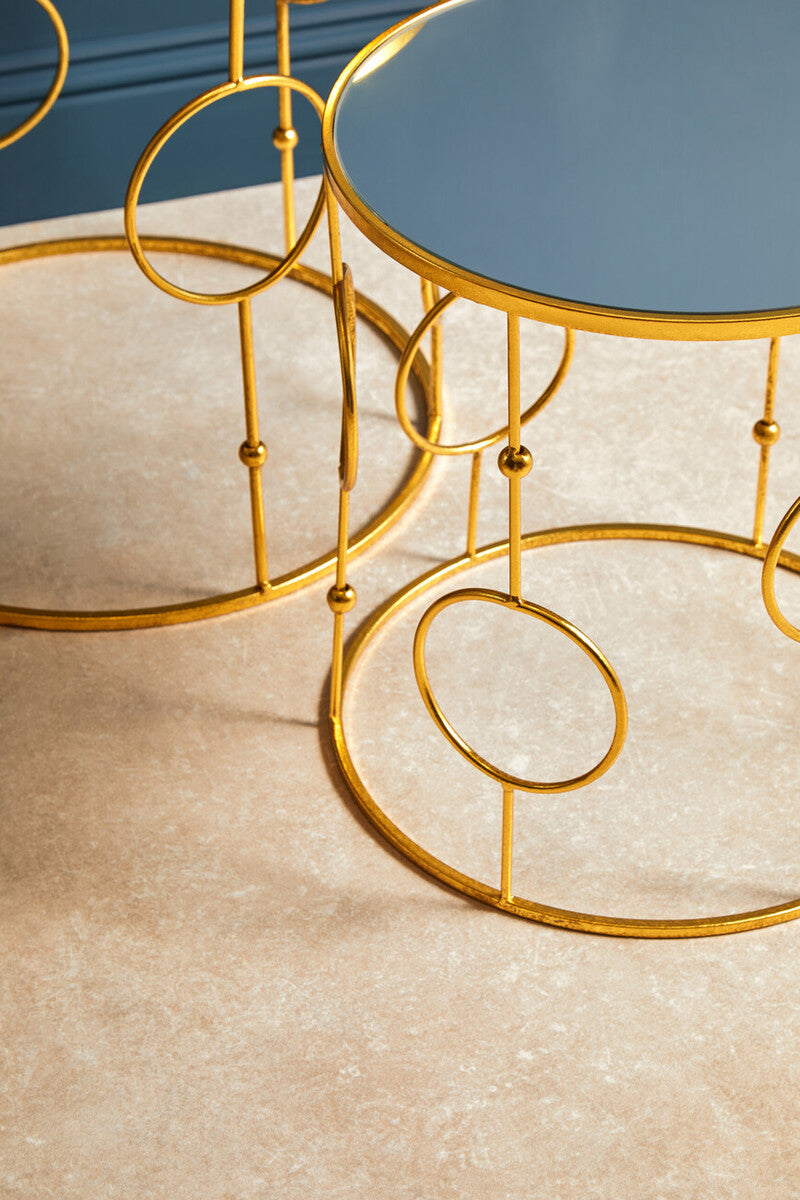 Set of 2 Gold Metal Tables with Mirrored Glass Top | Avantis