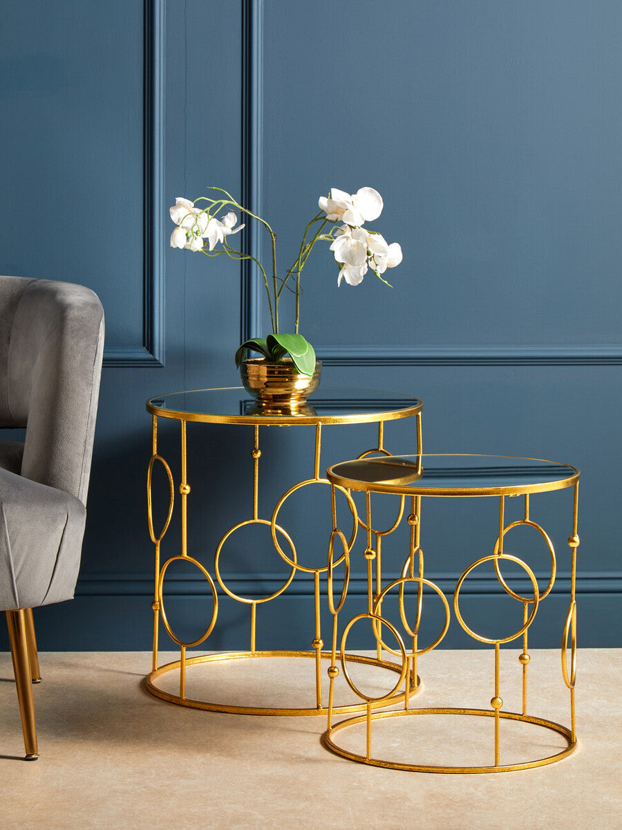 Set of 2 Gold Metal Tables with Mirrored Glass Top | Avantis