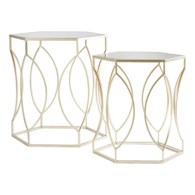 Set of 2 Hexagon Gold Champagne Finish Frame Side Tables with Mirrored Glass Top | Avantis