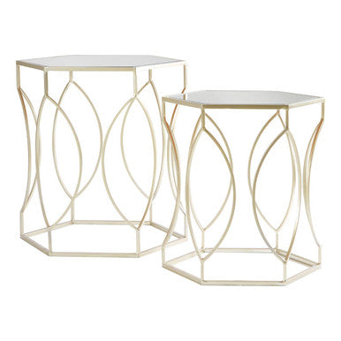 Set of 2 Hexagon Gold Champagne Finish Frame Side Tables with Mirrored Glass Top | Avantis