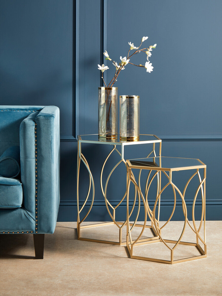 Set of 2 Hexagon Gold Champagne Finish Frame Side Tables with Mirrored Glass Top | Avantis