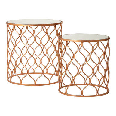 Set of 2 White Mirrored Top and Gold Copper Base Tables | Avantis