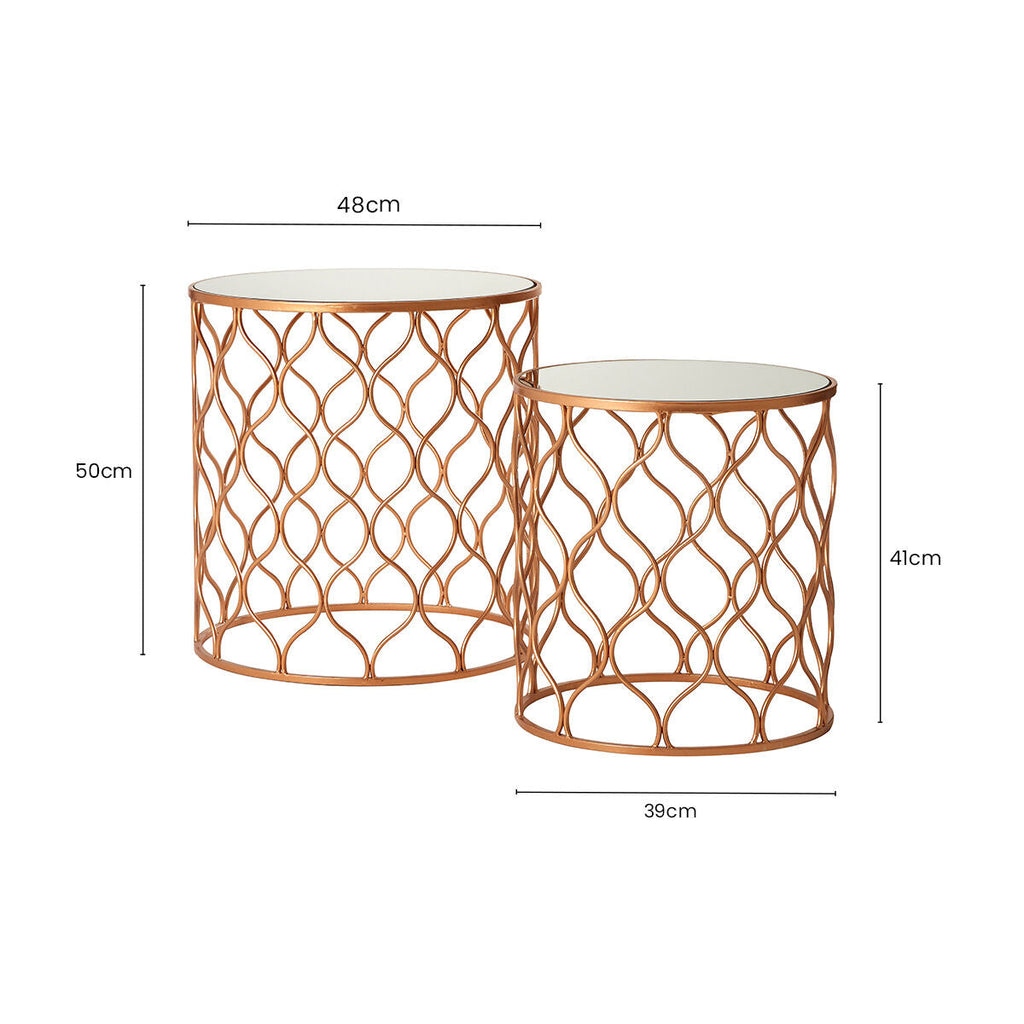 Set of 2 White Mirrored Top and Gold Copper Base Tables | Avantis