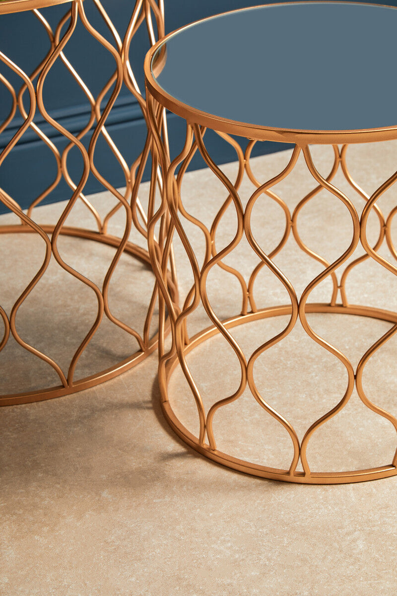 Set of 2 White Mirrored Top and Gold Copper Base Tables | Avantis