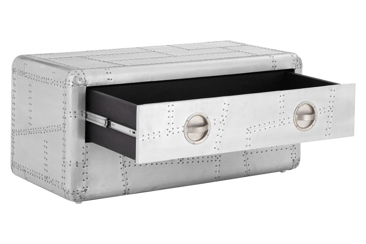 Silver Aluminium Plated Mango Wood Coffee Table with Sliding Storage Drawer | Avro