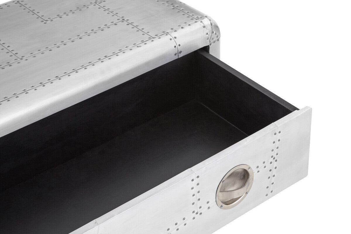 Silver Aluminium Plated Mango Wood Coffee Table with Sliding Storage Drawer | Avro