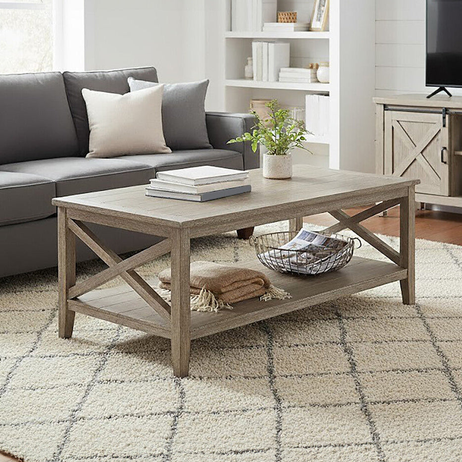 Natural Wooden Coffee Table with Open Lower Shelf and Cross Side Detail | Heritage