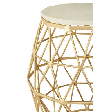 White Marble Top Side Table with Geometric Gold Finish Stone Frame | Templar