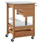 Natural Bamboo Four Drawer Kitchen Trolley with Stainless Steel Worktop | Harlow