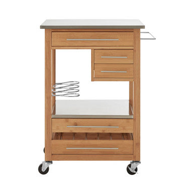 Natural Bamboo Four Drawer Kitchen Trolley with Stainless Steel Worktop | Harlow