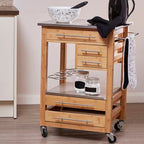 Natural Bamboo Four Drawer Kitchen Trolley with Stainless Steel Worktop | Harlow