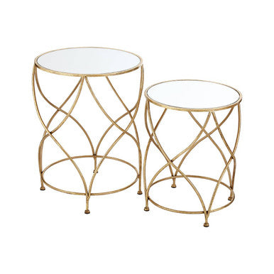 Round White Mirror Tops Nesting Side Tables with Gold Curved Metal Leg | Marcia