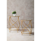 Round White Mirror Tops Nesting Side Tables with Gold Curved Metal Leg | Marcia