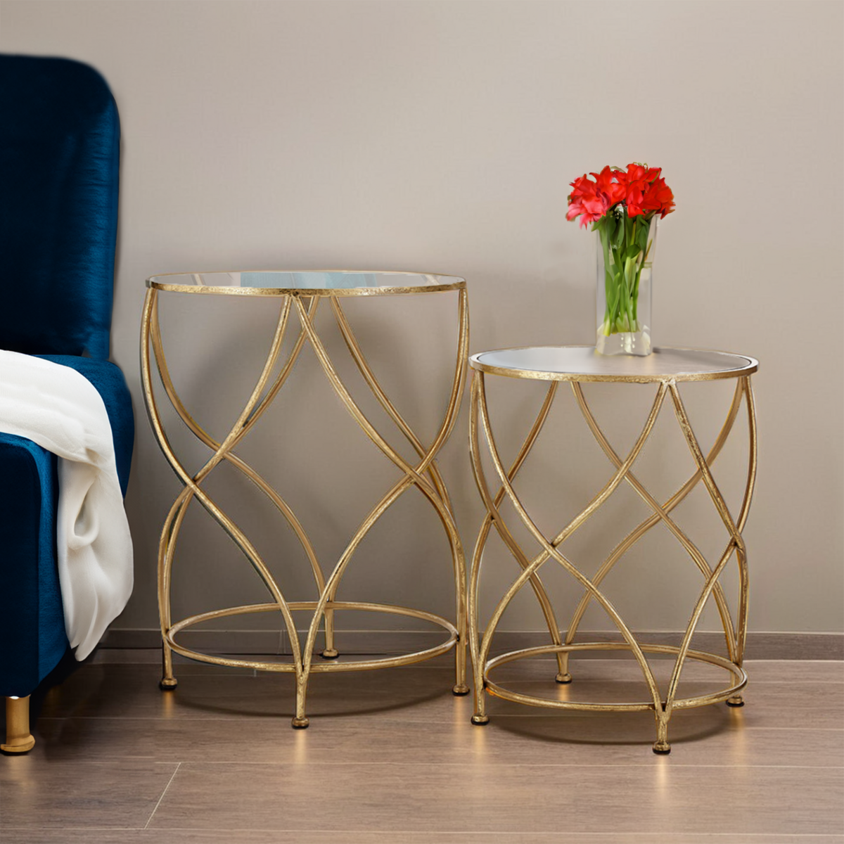 Round White Mirror Tops Nesting Side Tables with Gold Curved Metal Leg | Marcia