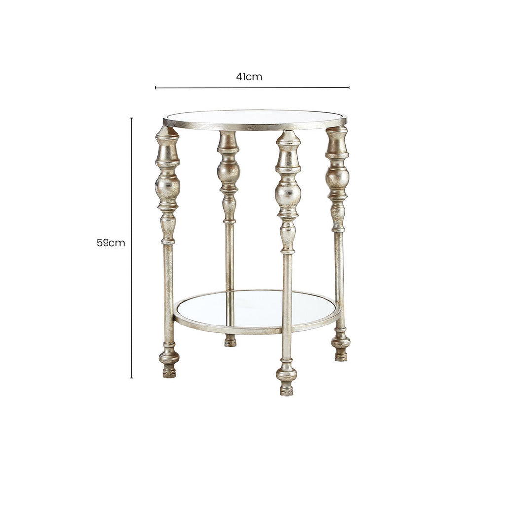 Mirrored Glass Top Two-Tier Side Table with Silver Metal Legs, Marcia