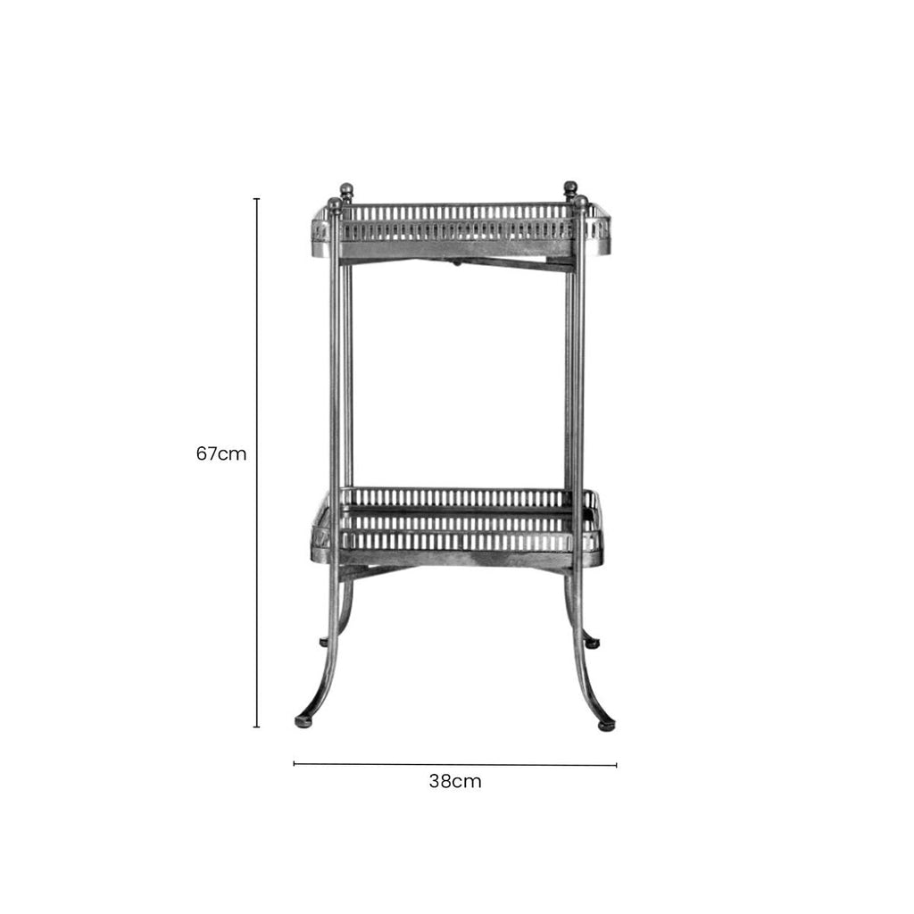 Antique Silver Finish Mirrored Tray Table with 2 Removable Trays and Lattice Detail Iron Frame | Reza