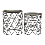 Set of Two Round Zinc Top Coffee Table Pair with Black Iron Cylindrical Bases | Templar