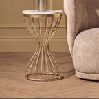 White Marble Round Top Side Table with Gold Iron Hourglass Iron Base | Templar