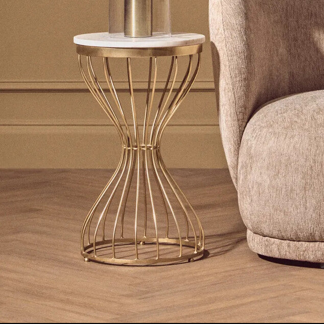 White Marble Round Top Side Table with Gold Iron Hourglass Iron Base | Templar