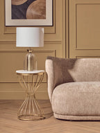 White Marble Round Top Side Table with Gold Iron Hourglass Iron Base | Templar