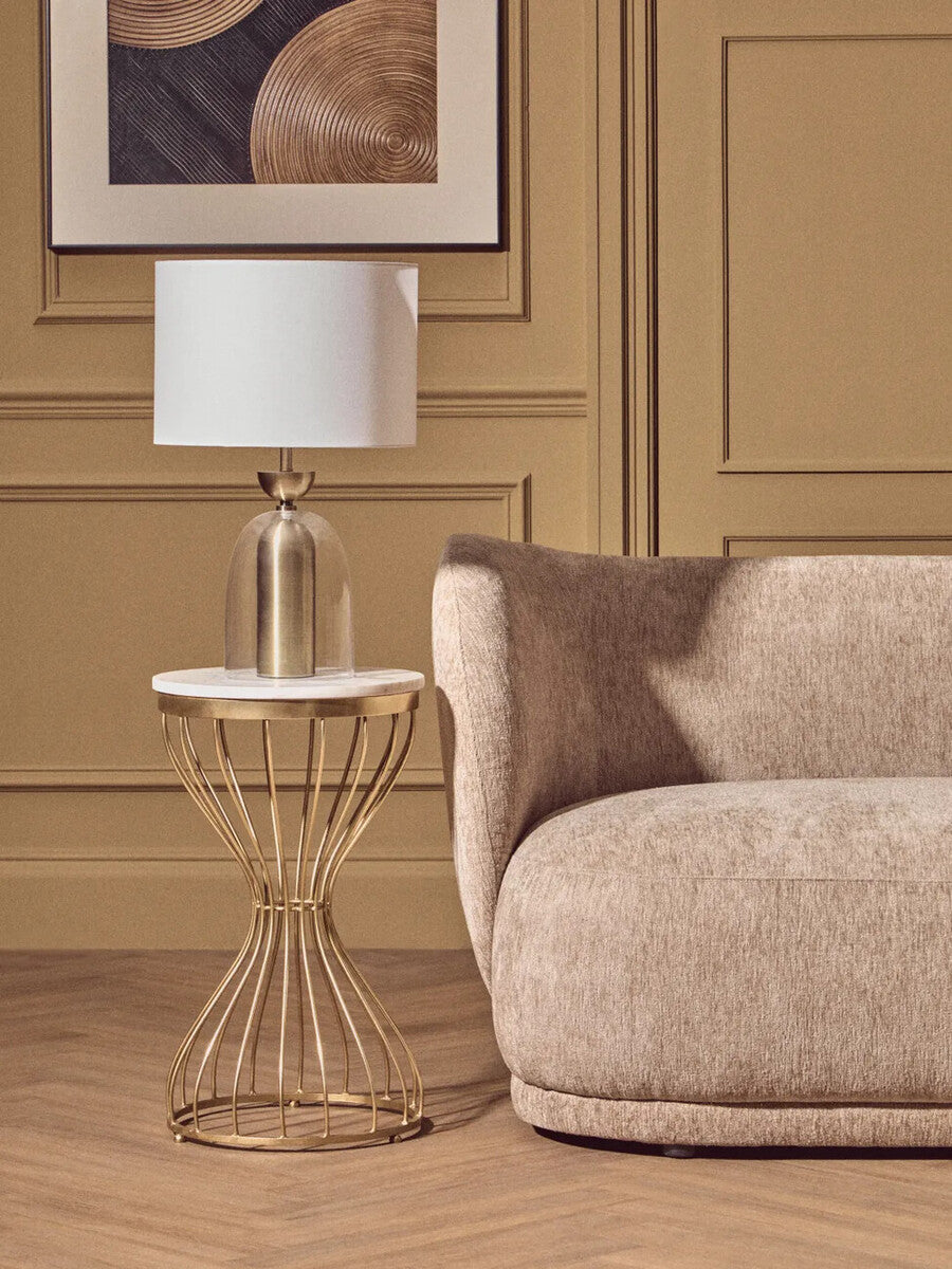 White Marble Round Top Side Table with Gold Iron Hourglass Iron Base | Templar