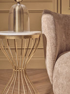 White Marble Round Top Side Table with Gold Iron Hourglass Iron Base | Templar