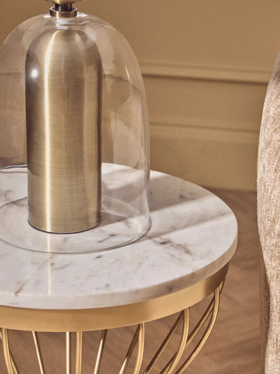 White Marble Round Top Side Table with Gold Iron Hourglass Iron Base | Templar
