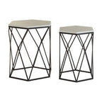 White Marble Top and Black Metal Frame Set of 2 Hexagonal Side Tables | Arcana