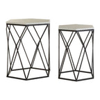 White Marble Top and Black Metal Frame Set of 2 Hexagonal Side Tables | Arcana