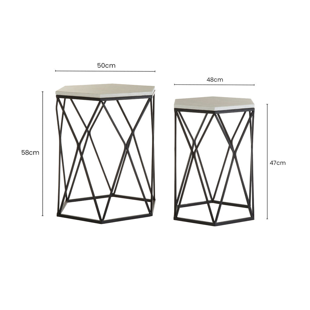 White Marble Top and Black Metal Frame Set of 2 Hexagonal Side Tables | Arcana
