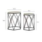 White Marble Top and Black Metal Frame Set of 2 Hexagonal Side Tables | Arcana