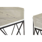 White Marble Top and Black Metal Frame Set of 2 Hexagonal Side Tables | Arcana