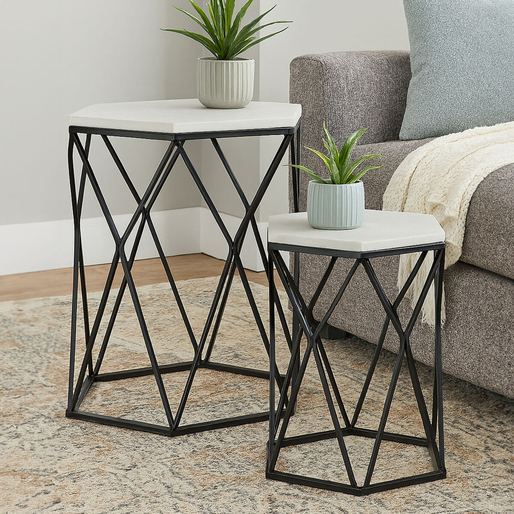 White Marble Top and Black Metal Frame Set of 2 Hexagonal Side Tables | Arcana