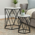 White Marble Top and Black Metal Frame Set of 2 Hexagonal Side Tables | Arcana