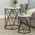 White Marble Top and Black Metal Frame Set of 2 Hexagonal Side Tables | Arcana