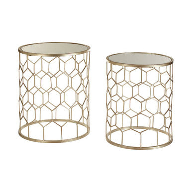 Set of 2 Mirrored Glass Top Honeycomb Side Tables with Gold Metal Frame | Arcana