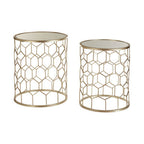 Set of 2 Mirrored Glass Top Honeycomb Side Tables with Gold Metal Frame | Arcana