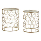Set of 2 Mirrored Glass Top Honeycomb Side Tables with Gold Metal Frame | Arcana