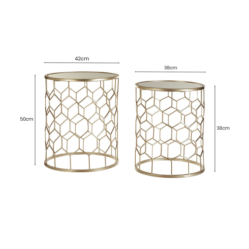 Set of 2 Mirrored Glass Top Honeycomb Side Tables with Gold Metal Frame | Arcana