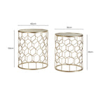 Set of 2 Mirrored Glass Top Honeycomb Side Tables with Gold Metal Frame | Arcana