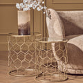 Set of 2 Mirrored Glass Top Honeycomb Side Tables with Gold Metal Frame | Arcana